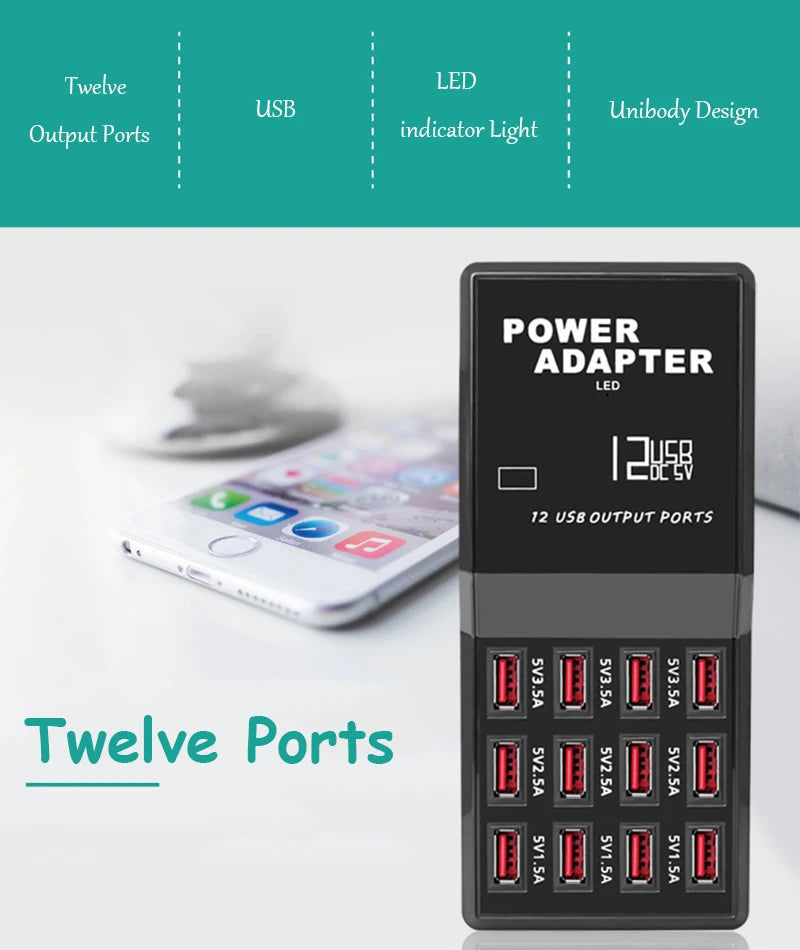 Portable 12 Ports 5V 1.5A-3.5A Travel Desktop USB Charger Hub Multi USB Charging Station For Mobile Phone Tablet US EU AU Plug