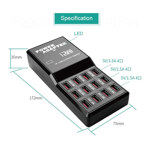 Portable 12 Ports 5V 1.5A-3.5A Travel Desktop USB Charger Hub Multi USB Charging Station For Mobile Phone Tablet US EU AU Plug