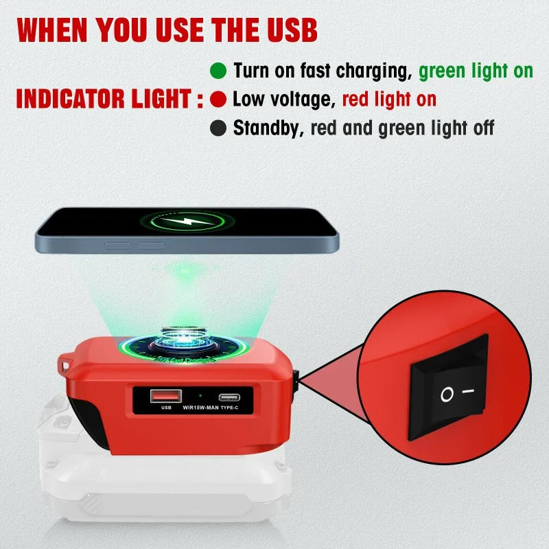 Portable Wireless Mobile Phone Charger Fast Charger for Craftsman 20V Batteries with USB&Type-C Ports Supports Tablet Charging