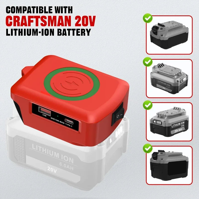 Portable Wireless Mobile Phone Charger Fast Charger for Craftsman 20V Batteries with USB&Type-C Ports Supports Tablet Charging