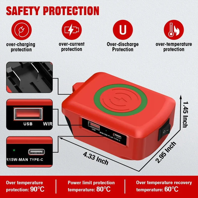 Portable Wireless Mobile Phone Charger Fast Charger for Craftsman 20V Batteries with USB&Type-C Ports Supports Tablet Charging
